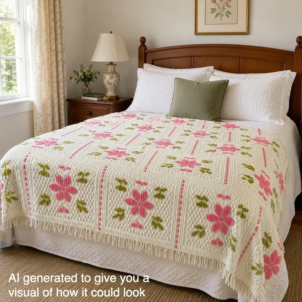 Vintage Chenille Bedspread White Pink Green Floral Popcorn Tufted Fringe Queen